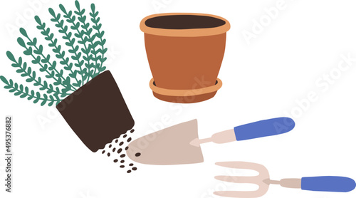 Gardening Tools for Plant Transplantation Cartoon IIlustration