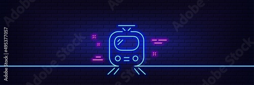 Neon light glow effect. Train transport line icon. Public transportation sign. Tram symbol. 3d line neon glow icon. Brick wall banner. Train outline. Vector
