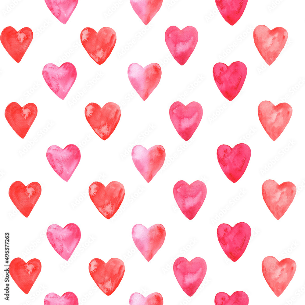 Seamless watercolor heart pattern on paper texture. Valentine's day background