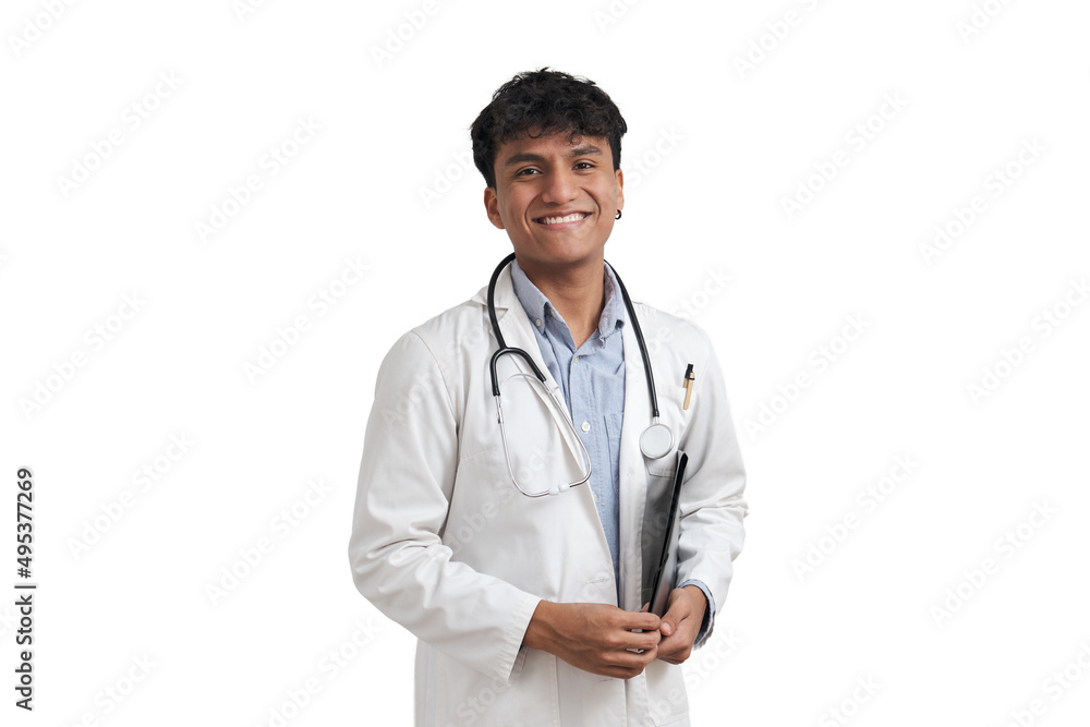 Portrait of a young peruvian male doctor smiling and looking at camera. Isolated over white background. Portrait of a young peruvian male doctor smiling and looking at camera. Isolated over white background.
