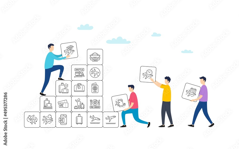 Airport line icons. People team work concept. Boarding pass, Baggage claim, Arrival and Departure. Connecting flight, tickets, pre-order food icons. Vector Airport line icons. People team work concept. Boarding pass, Baggage claim, Arrival and Departure. Connecting flight, tickets, pre-order food icons. Vector