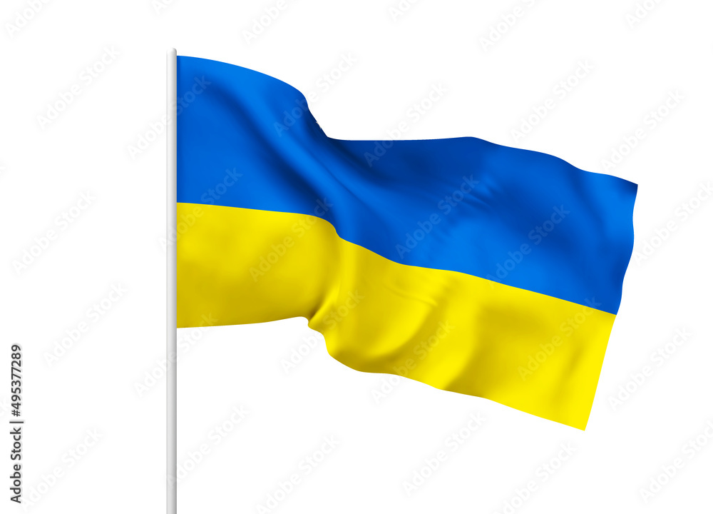 Flag of Ukraine on a white background. The symbol of patriotism of the Ukrainian nation, a blue and yellow silk banner, flutters in the rays of light. Vector 3d realistic illustration. EPS10 vector Flag of Ukraine on a white background. The symbol of patriotism of the Ukrainian nation, a blue and yellow silk banner, flutters in the rays of light. Vector 3d realistic illustration. EPS10 vector