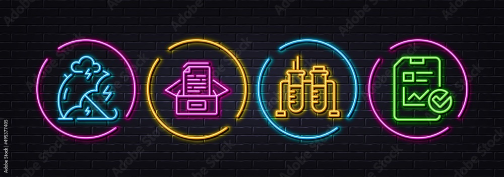 Chemistry beaker, Documents box and Stress protection minimal line icons. Neon laser 3d lights. Report checklist icons. For web, application, printing. Vector