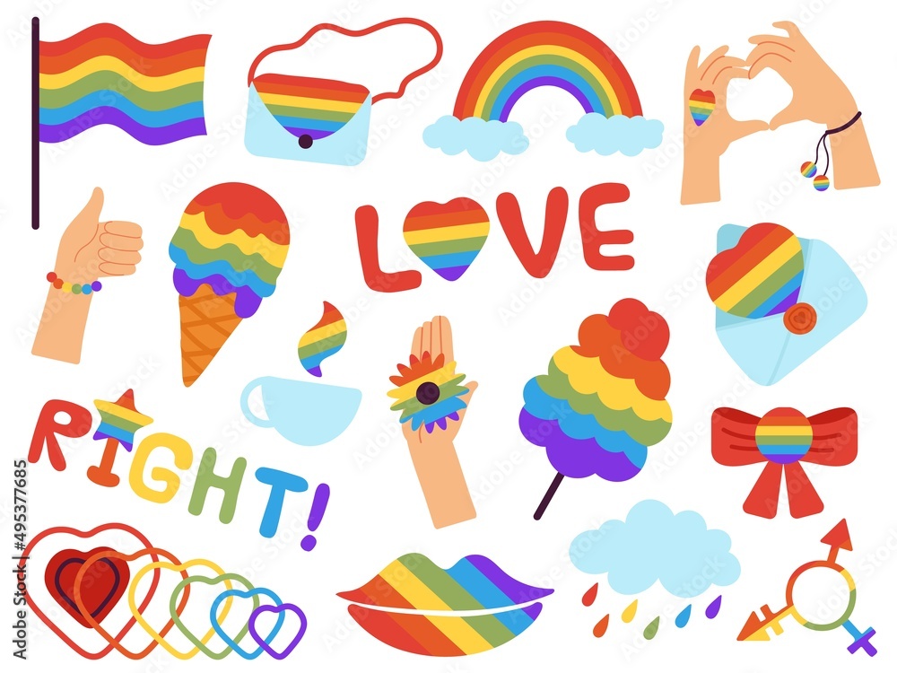 Pride stickers. Lgbt badges, lgbtq gays parade. Rainbow colours logos, romantic love different elements, flag. Gay community support decent vector kit