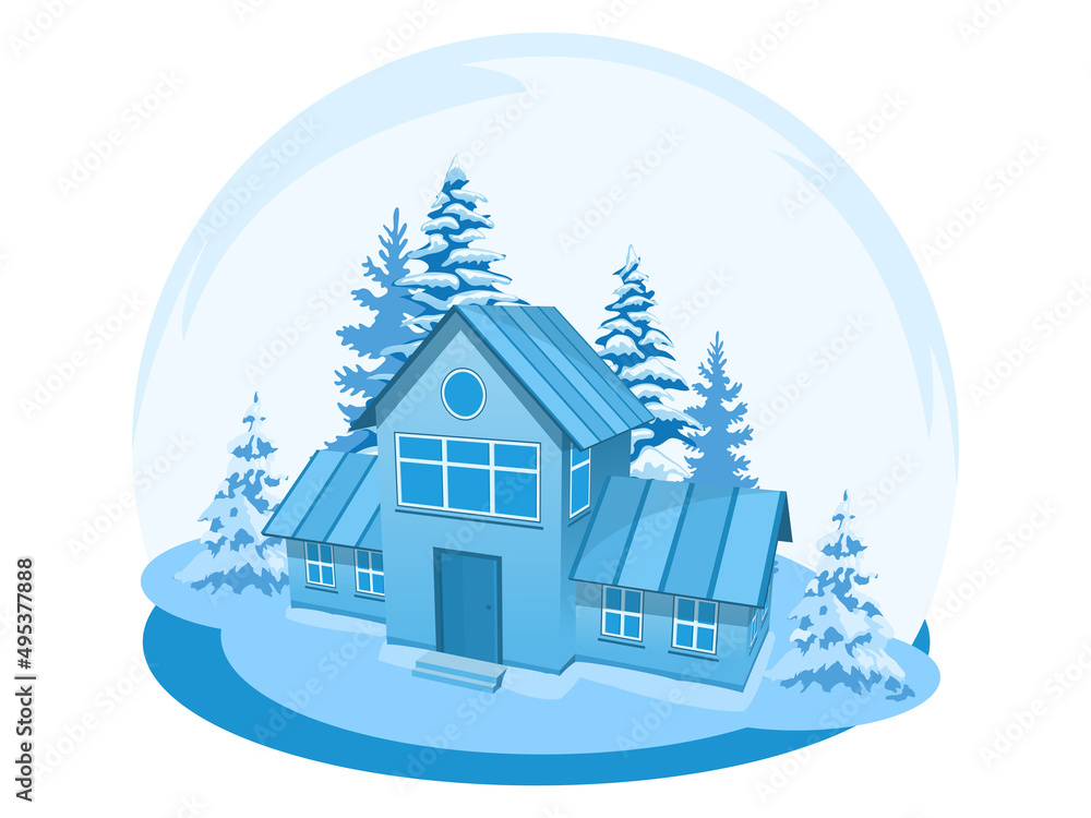 Winter landscape. House surrounded by trees