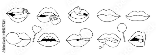 Black outline lips for coloring. Lip sexy girls with diamond, lollipops, strawberry and bubblegum. Speech bubble with female mouth, vector isolated stickers