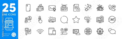 Outline icons set. Startup, Food delivery and Ferris wheel icons. Lock, Web system, Distribution web elements. Star, 24h service, Swipe up signs. Smartphone cover, Full rotation, 5g internet. Vector