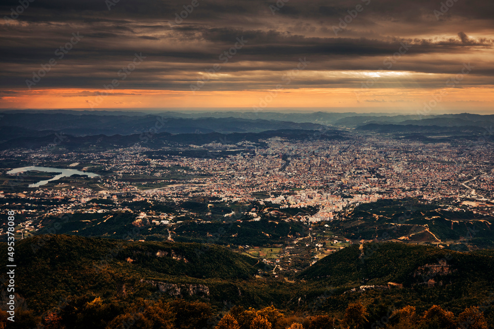 sunset over the city of tirana