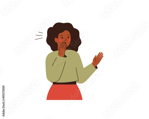 Shocked African American female with surprised facial expression. Amazed black woman denies something. Flat vector illustration isolated on white background