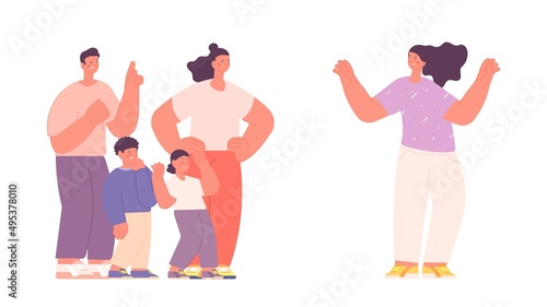 Happy young girl and angry family group with children. Childfree character and dissatisfied parents. Self choice of lifestyle vector concept
