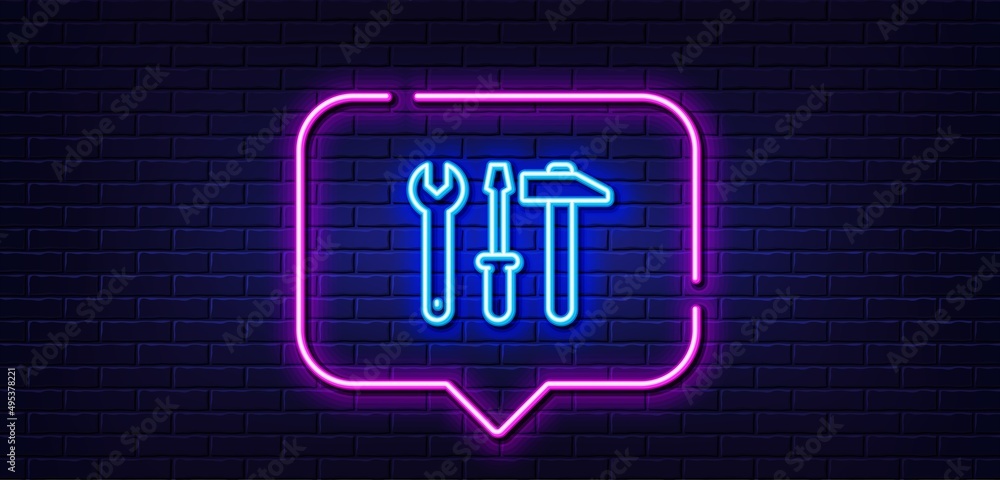 Neon light speech bubble. Spanner, hammer and screwdriver line icon. Repair service sign. Fix instruments symbol. Neon light background. Spanner tool glow line. Brick wall banner. Vector Neon light speech bubble. Spanner, hammer and screwdriver line icon. Repair service sign. Fix instruments symbol. Neon light background. Spanner tool glow line. Brick wall banner. Vector