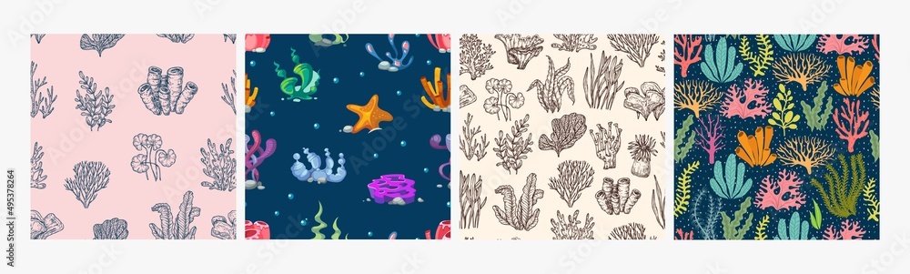 Seaweed and corals seamless pattern. Underwater plants background. Sea algae sketch and cartoon elements. Ocean flora vector textures
