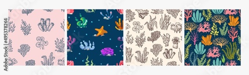 Seaweed and corals seamless pattern. Underwater plants background. Sea algae sketch and cartoon elements. Ocean flora vector textures