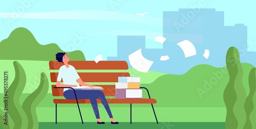 Tired student with book sleep on bench in city park. Flying paper sheets  books and dreaming reading girl. Summer outdoor time vector scene