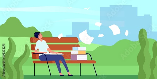 Tired student with book sleep on bench in city park. Flying paper sheets, books and dreaming reading girl. Summer outdoor time vector scene