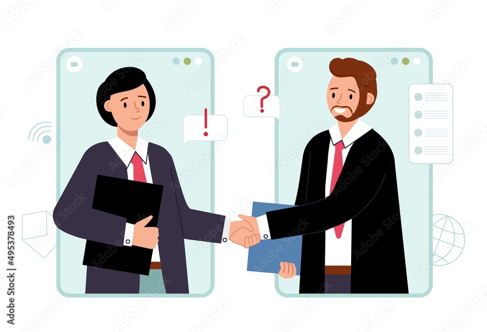 Online business agreement. Deal with sponsor, close project contract. Investor and manager remote handshake. New start up, digital sponsorship decent vector concept Online business agreement. Deal with sponsor, close project contract. Investor and manager remote handshake. New start up, digital sponsorship decent vector concept