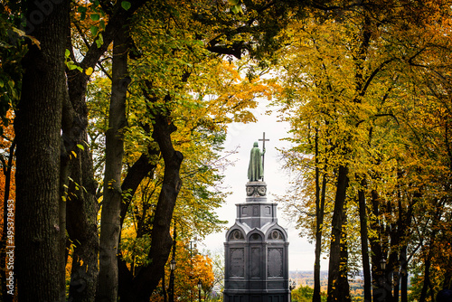 Photography Saint Vladimir Monument view through yellow tree foliage in Vladimir park in Kie
