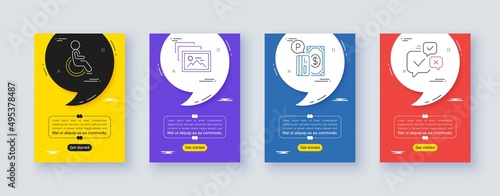 Set of Photo album, Parking payment and Disability line icons. Poster offer frame with quote, comma. Include Online voting icons. For web, application. Vector