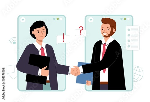 Online business agreement. Deal with sponsor, close project contract. Investor and manager remote handshake. New start up, digital sponsorship decent vector concept