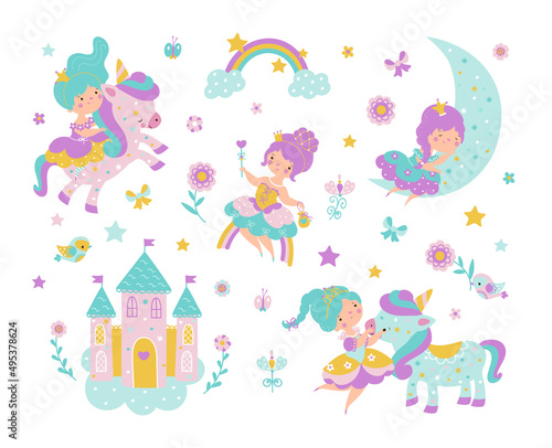 Little princess life. Cute princesses and castle, rainbow and moon. Cartoon fairy tale characters with unicorns. Magic t-shirt print, nowaday kids vector set