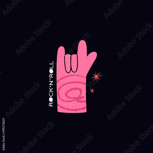 Rock n roll hand. Cartoon pink arm with gestures sign, girls rock music symbol, poster or print, vector doodle isolated on black colorful hand drawn illustration