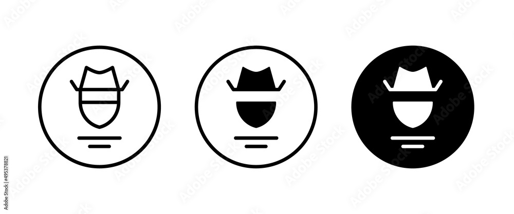 Avatar man in a hat icons , Secret service agent, Spy man icon Wanted button, vector, sign, symbol, logo, illustration, editable stroke, flat design style isolated on white