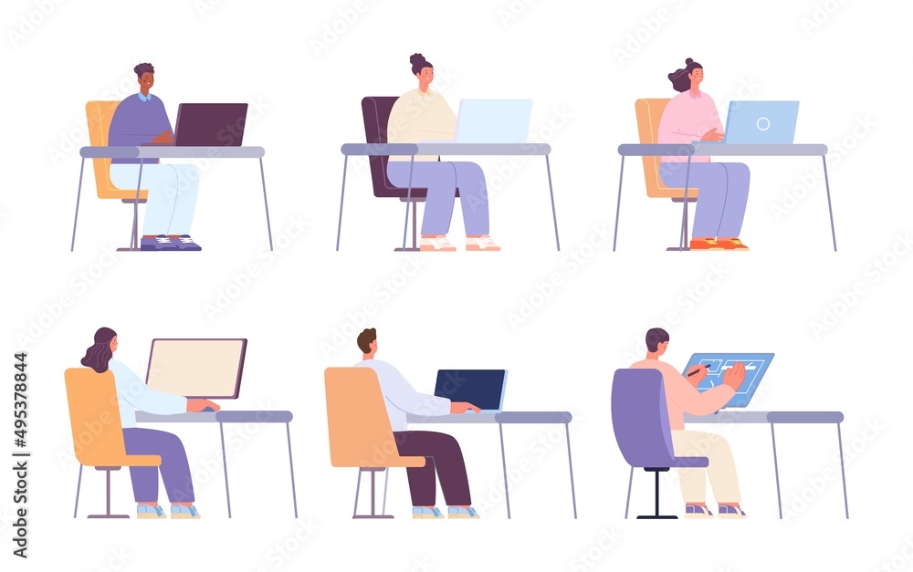 Business people working with computer and laptop. Cartoon office characters, woman and man sitting at desk. Workers vector set Business people working with computer and laptop. Cartoon office characters, woman and man sitting at desk. Workers vector set