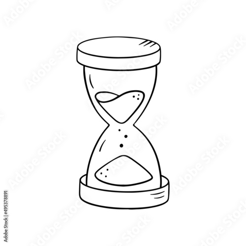 Hourglass in doodle style, vector illustration. Sketch sand clock for prind and design. Isolated element on a white background. Symbol time hand drawn.