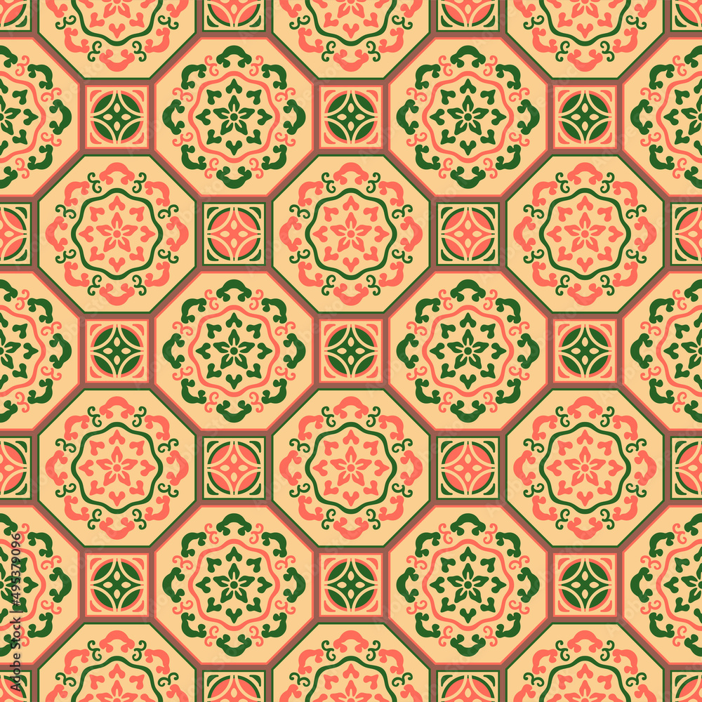 Japanese Flower Octagon Mosaic Vector Seamless Pattern
