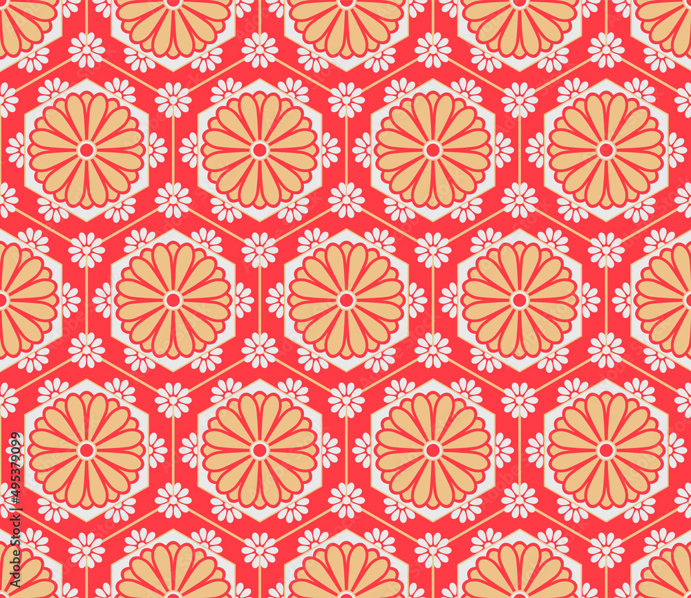Japanese Luxury Chrysanthemum Flower Hexagon Vector Seamless Pattern