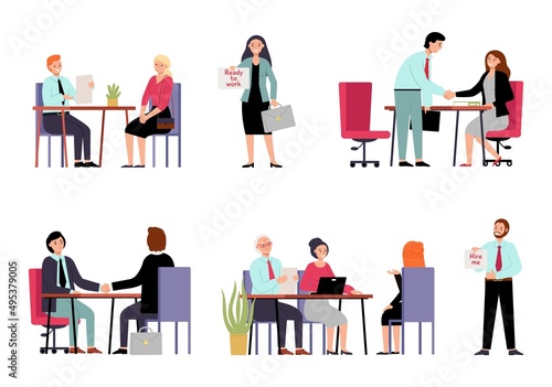 Hr employer interview. Employee characters need job, work searching woman and wan. Isolated boss interviewing workers, recruit office decent vector set