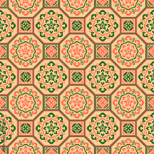 Japanese Flower Octagon Mosaic Vector Seamless Pattern