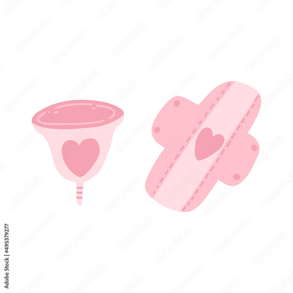 Menstrual period use cup and reusable sanitary pads in cartoon flat style. Vector illustration of zero waste hygiene device for feminine menstruation period on white background