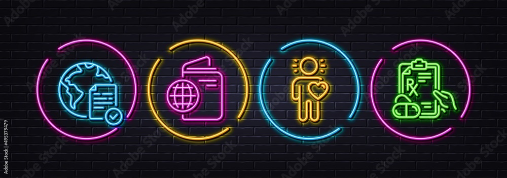 Friend, Travel passport and Online voting minimal line icons. Neon laser 3d lights. Prescription drugs icons. For web, application, printing. Love, Trip document, Internet poll. Pills. Vector