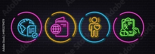 Friend, Travel passport and Online voting minimal line icons. Neon laser 3d lights. Prescription drugs icons. For web, application, printing. Love, Trip document, Internet poll. Pills. Vector