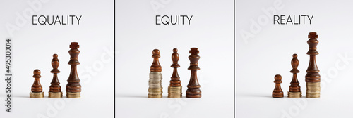 Chess pieces differences with coins showing the concepts of equality, equity and reality.