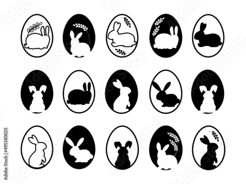 Easter egg icons.Eggs with a bunnies.Easter line icon.Set of easter bunny icons.Easter egg shape with bunny. photo