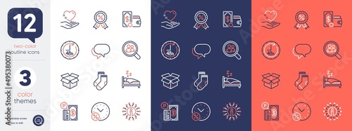 Set of 48 hours, Discount medal and Hold heart line icons. Include Talk bubble, Wallet money, Sleep icons. Parking payment, Info, Socks web elements. Open box, Loan percent, Search employees. Vector