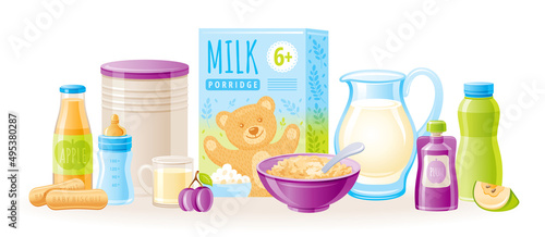 Baby food vector illustration. Milk porridge bowl with spoon, juice bottle, apple fruit, puree box, kids biscuit icon set. Healthy nutrition baby food. 3d Complementary product isolated illustration