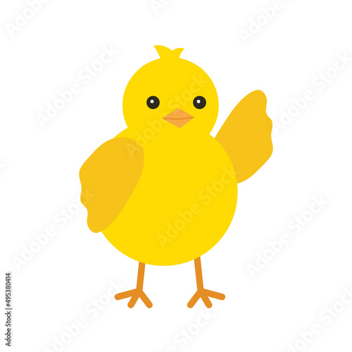 Cute yellow baby chicken wave hello for easter design. Little yellow cartoon chick. Vector illustration isolated on white background