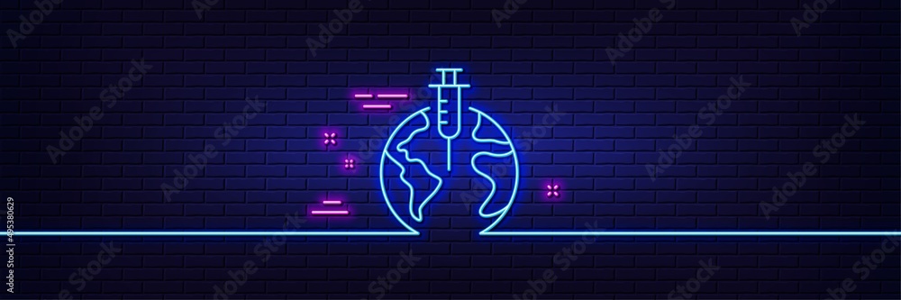 Neon light glow effect. Pandemic vaccine line icon. Corona syringe sign. Covid jab symbol. 3d line neon glow icon. Brick wall banner. Pandemic vaccine outline. Vector Neon light glow effect. Pandemic vaccine line icon. Corona syringe sign. Covid jab symbol. 3d line neon glow icon. Brick wall banner. Pandemic vaccine outline. Vector