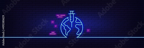 Neon light glow effect. Pandemic vaccine line icon. Corona syringe sign. Covid jab symbol. 3d line neon glow icon. Brick wall banner. Pandemic vaccine outline. Vector