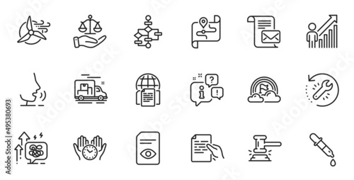 Outline set of Justice scales, Judge hammer and Map line icons for web application. Talk, information, delivery truck outline icon. Vector