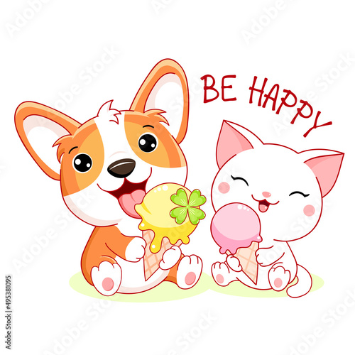 Cute summer card in kawaii style. Little friends - corgi puppy and kitty with ice cream. Inscription Be happy. Can be used for t-shirt print, stickers, greeting card design. Vector illustration EPS8