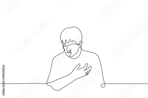man clutched his heart - one line drawing vector. heart attack concept, chest pain, heart wound