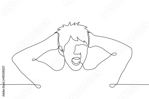 man screaming in despair, panic - one line drawing vector. concept of horror, shock, screaming, clutching his head, migraine, headache