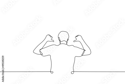 man in shirt stands with his back to viewer and points his thumbs at his back - one line drawing vector. football fan concept, shirt demonstration with place for text