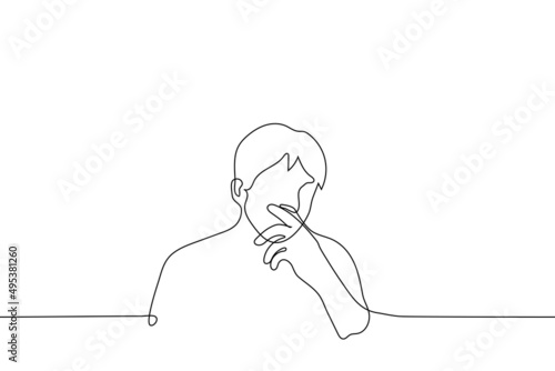 portrait of a pensive man his palm on his face - one line drawing vector. the concept of thoughtfulness, mental stress, brainstorming, indecision, doubts