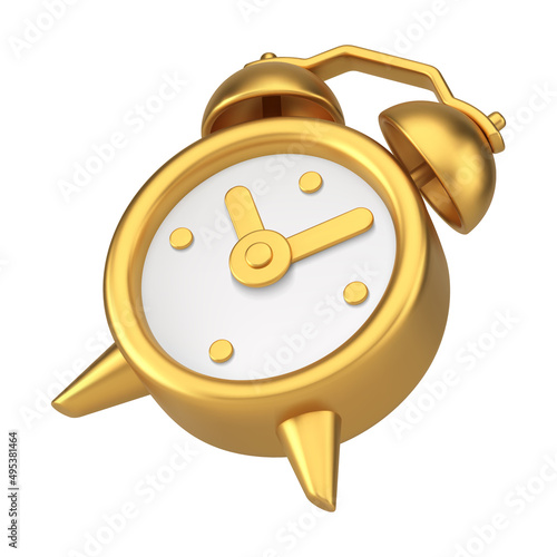 Metallic golden retro alarm clock diagonally placed 3d icon realistic vector illustration