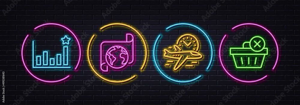 Efficacy, Translation service and Flight time minimal line icons. Neon laser 3d lights. Delete purchase icons. For web, application, printing. Business chart, Business document, Airplane clock. Vector Efficacy, Translation service and Flight time minimal line icons. Neon laser 3d lights. Delete purchase icons. For web, application, printing. Business chart, Business document, Airplane clock. Vector